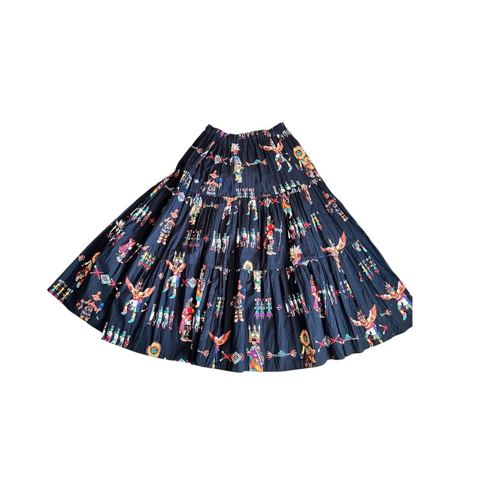 Vintage Tiered Black Maxi Skirt with Colorful Patterns Native American Southwest